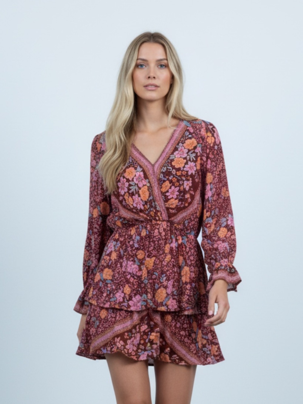 Umgee Maroon & Sienna Floral Surprise Surplice Wrap Mini Dress S